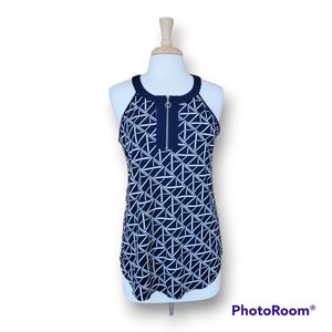 Corvia Front Zip Sleeveless Blouse, Navy/ White. Size Medium